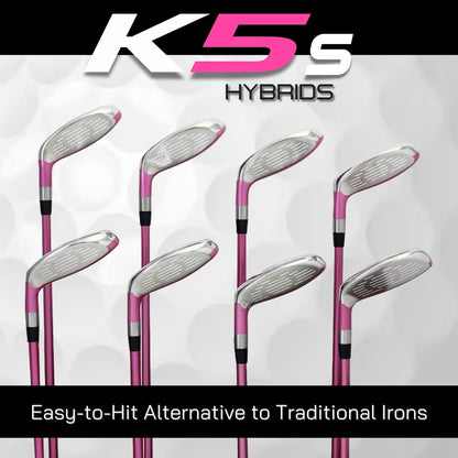 Pink Senior Ladies Golf Hybrids Irons Set New Senior Women Best All True Hybrid Ultra Light Weight Forgiving Fuchsia Woman Complete Package Includes 4 5 6 7 8 9 PW SW All Lady Flex Utility Clubs