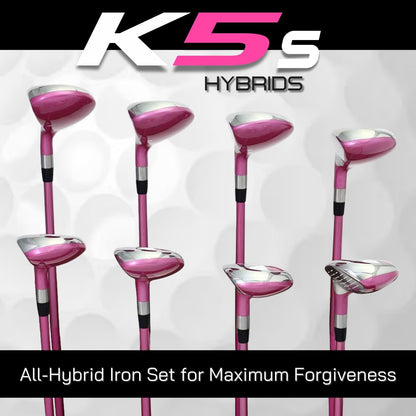Pink Senior Ladies Golf Hybrids Irons Set New Senior Women Best All True Hybrid Ultra Light Weight Forgiving Fuchsia Woman Complete Package Includes 4 5 6 7 8 9 PW SW All Lady Flex Utility Clubs