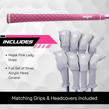 Pink Senior Ladies Golf Hybrids Irons Set New Senior Women Best All True Hybrid Ultra Light Weight Forgiving Fuchsia Woman Complete Package Includes 4 5 6 7 8 9 PW SW All Lady Flex Utility Clubs