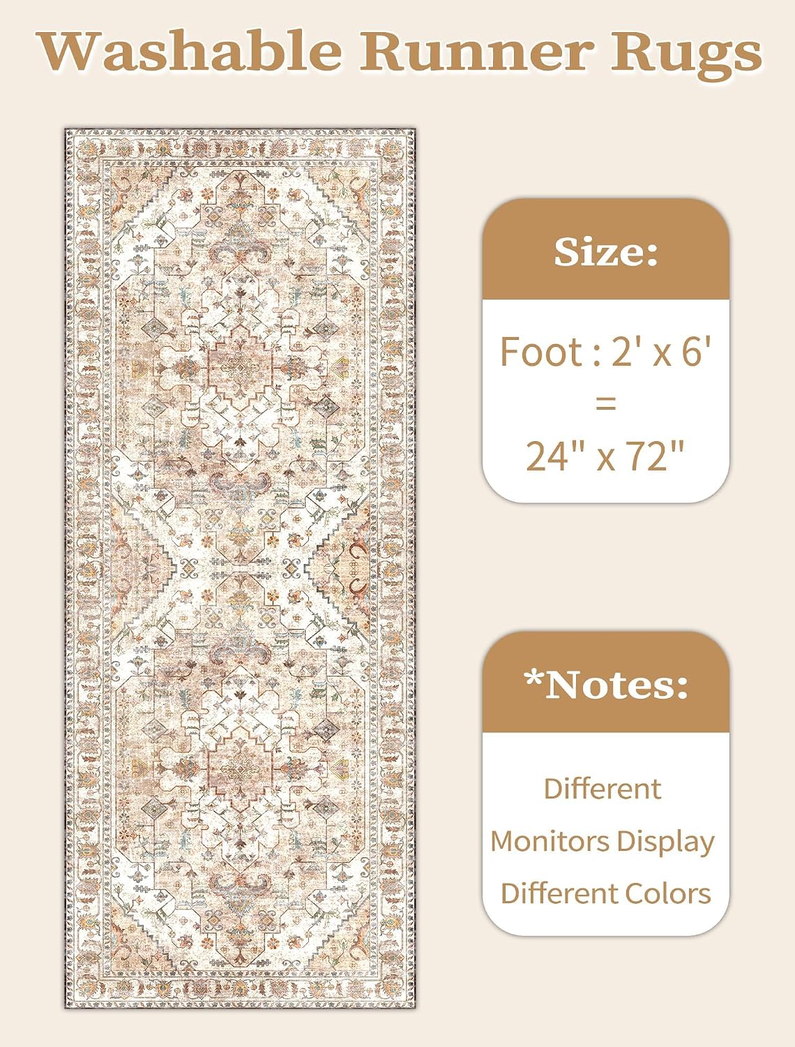 SERISSA 2x6 Washable Non Slip Boho Runner Rug for Hallway，Peach Cream