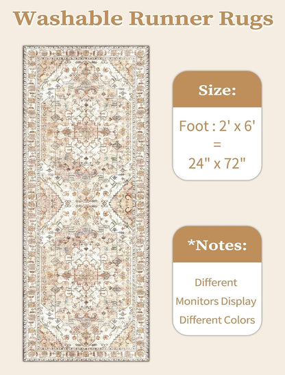 SERISSA 2x6 Washable Non Slip Boho Runner Rug for Hallway，Peach Cream
