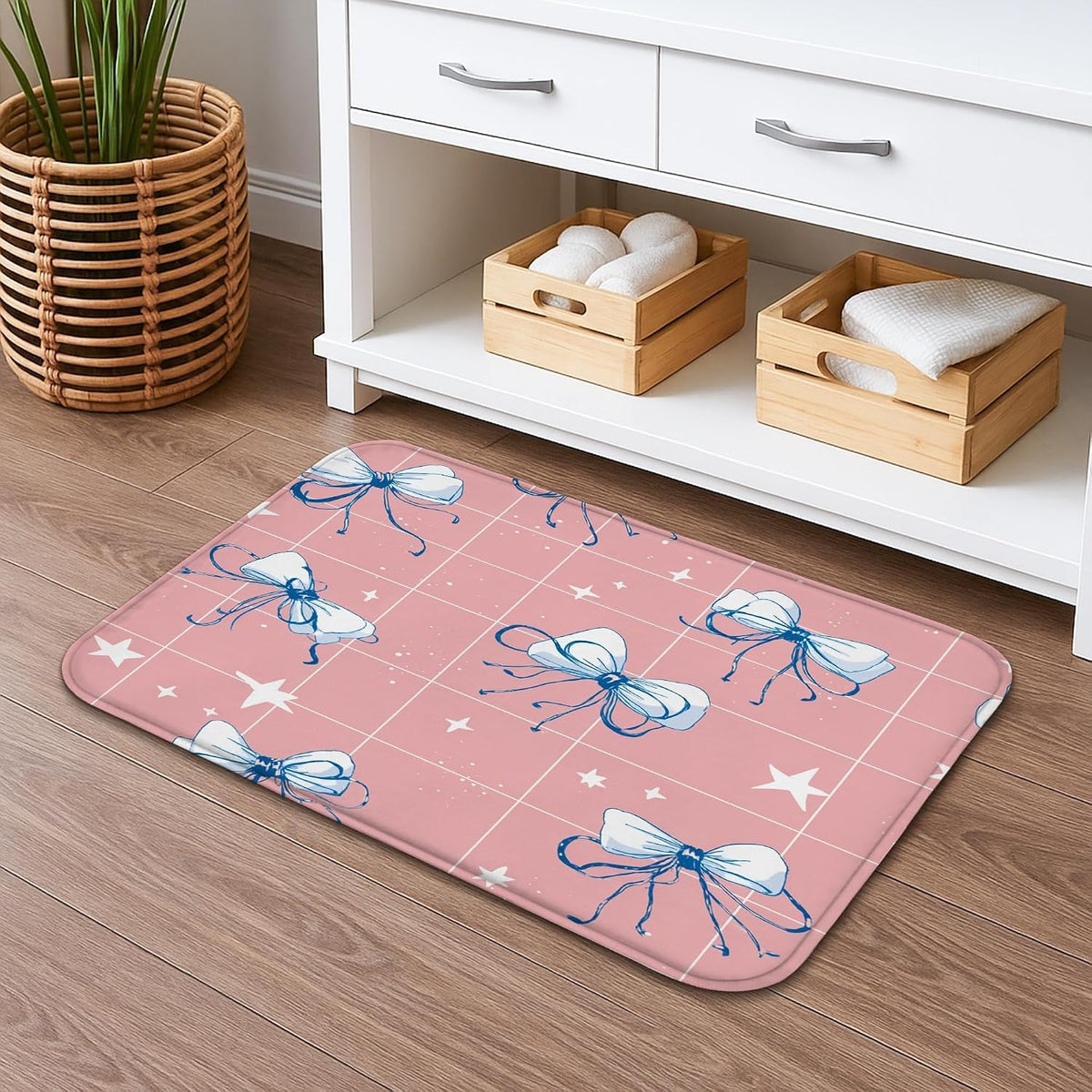 Peach Bow Quick Dry Bath Mat, Cute Star Pattern Absorbent Non Slip Shower Mat, Modern Memory Foam Washable Bath Rugs for Bathroom Toilet Restroom Decorative 16x24 Inch