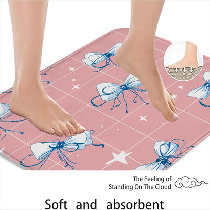 Peach Bow Quick Dry Bath Mat, Cute Star Pattern Absorbent Non Slip Shower Mat, Modern Memory Foam Washable Bath Rugs for Bathroom Toilet Restroom Decorative 16x24 Inch
