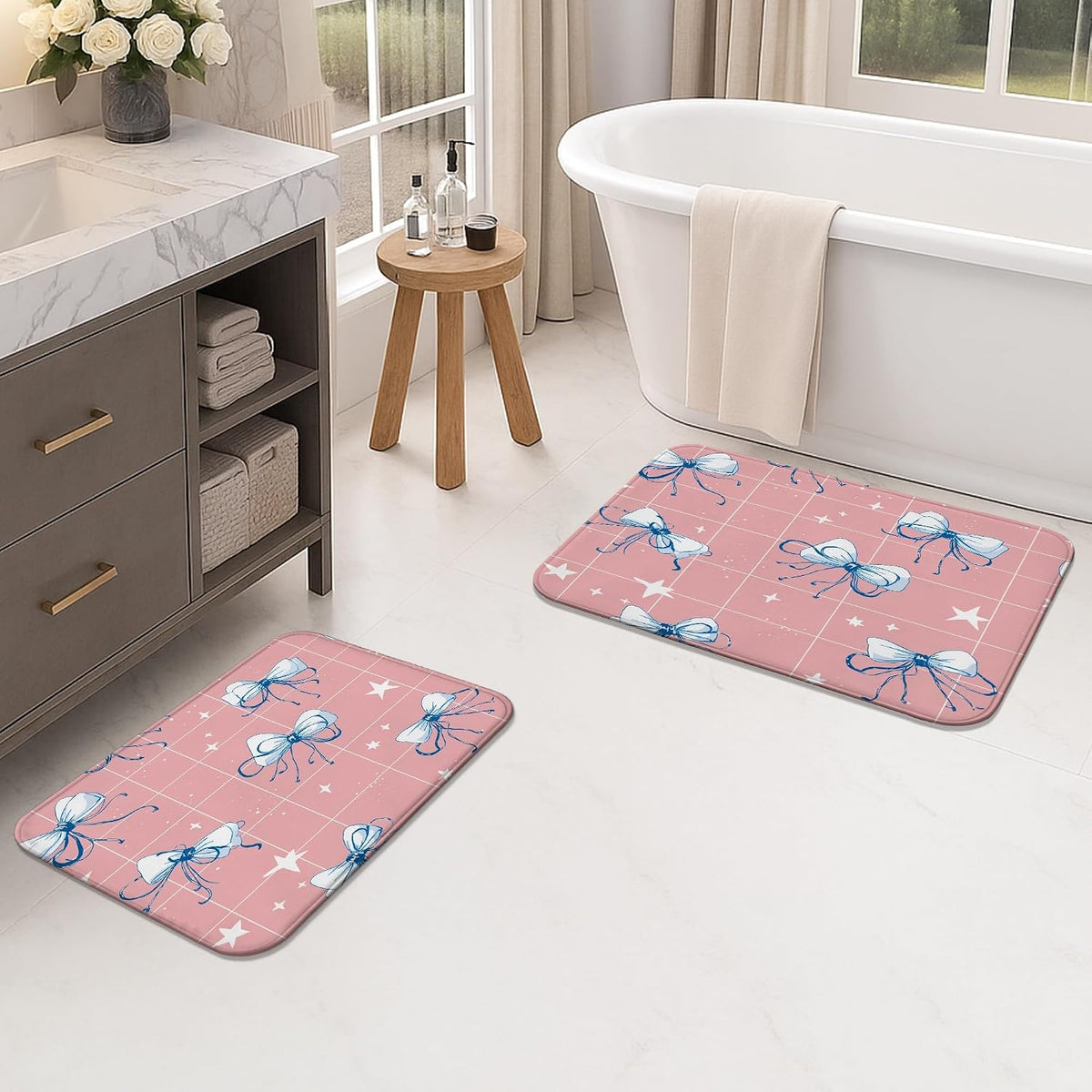 Peach Bow Quick Dry Bath Mat, Cute Star Pattern Absorbent Non Slip Shower Mat, Modern Memory Foam Washable Bath Rugs for Bathroom Toilet Restroom Decorative 16x24 Inch