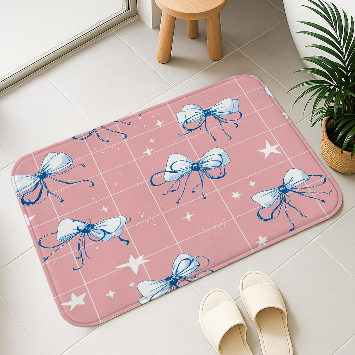 Peach Bow Quick Dry Bath Mat, Cute Star Pattern Absorbent Non Slip Shower Mat, Modern Memory Foam Washable Bath Rugs for Bathroom Toilet Restroom Decorative 16x24 Inch