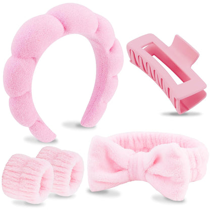 Spa Headbands for Wash Face, Makeup Headband, Facial Skincare Headbands, 5 Pcs Pink Puffy Sponge Spa Headband Bow Tie Hair Band Hair Clips Wristband Set Women Girls Accessories