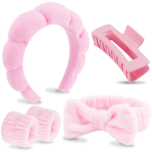 Spa Headbands for Wash Face, Makeup Headband, Facial Skincare Headbands, 5 Pcs Pink Puffy Sponge Spa Headband Bow Tie Hair Band Hair Clips Wristband Set Women Girls Accessories
