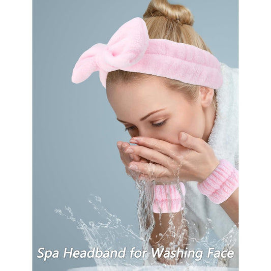 Spa Headbands for Wash Face, Makeup Headband, Facial Skincare Headbands, 5 Pcs Pink Puffy Sponge Spa Headband Bow Tie Hair Band Hair Clips Wristband Set Women Girls Accessories