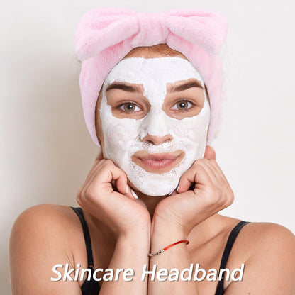 Spa Headbands for Wash Face, Makeup Headband, Facial Skincare Headbands, 5 Pcs Pink Puffy Sponge Spa Headband Bow Tie Hair Band Hair Clips Wristband Set Women Girls Accessories