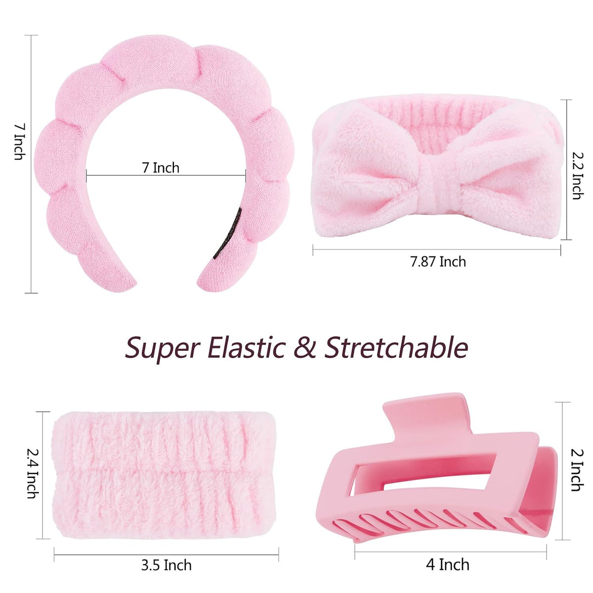 Spa Headbands for Wash Face, Makeup Headband, Facial Skincare Headbands, 5 Pcs Pink Puffy Sponge Spa Headband Bow Tie Hair Band Hair Clips Wristband Set Women Girls Accessories