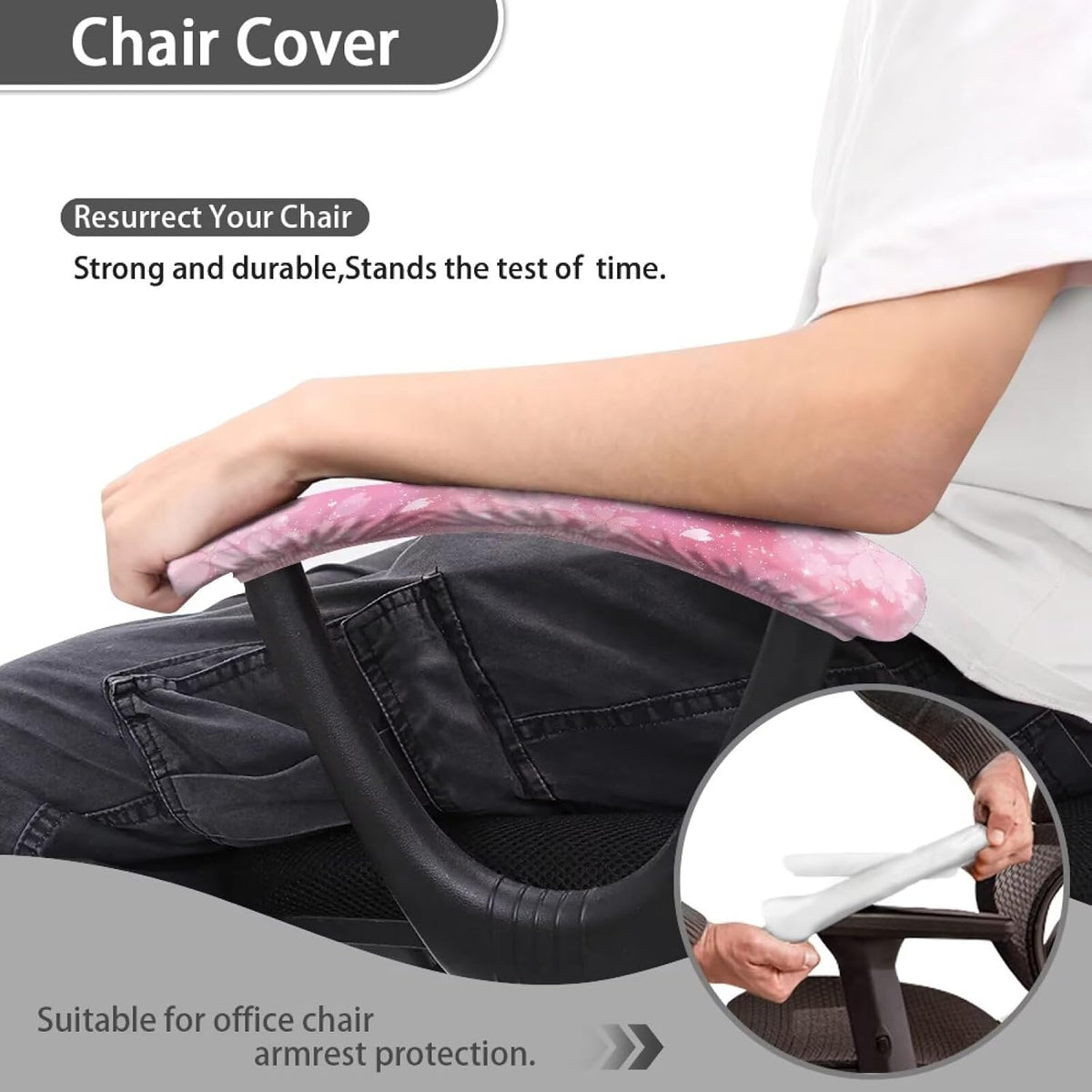 Cherry Blossom Gaming Chair Arm Rest Covers, 2 Pcs Floral Office Chair Arms Slipcovers with Elastic Band, Comfy Stretchable Polyester Office Chair Armrest Covers, Pink