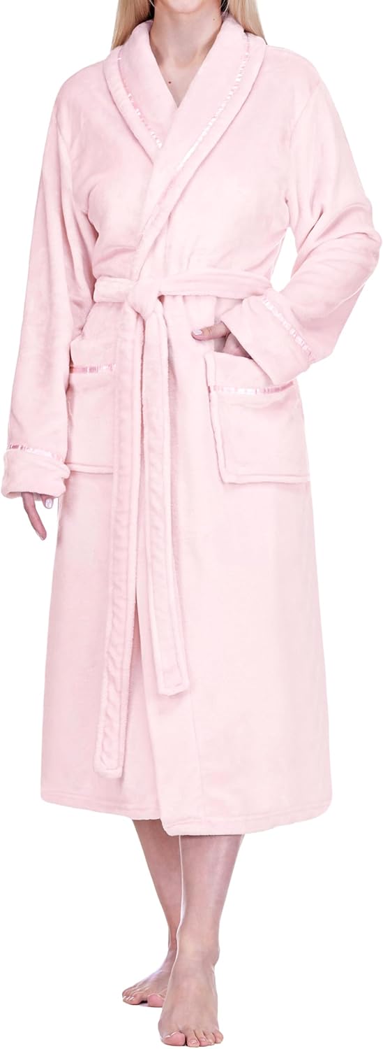 Womens Fleece Robe with Satin Trim, Plush Soft Long Spa Bathrobe, Cozy Shawl Collar Housecoat with Pockets