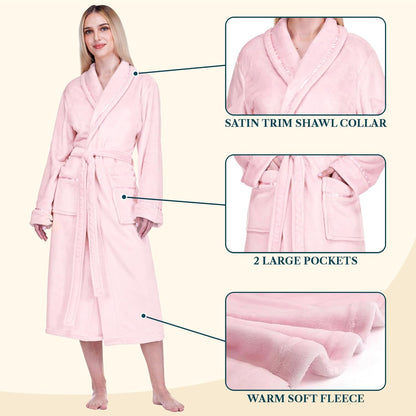 Womens Fleece Robe with Satin Trim, Plush Soft Long Spa Bathrobe, Cozy Shawl Collar Housecoat with Pockets
