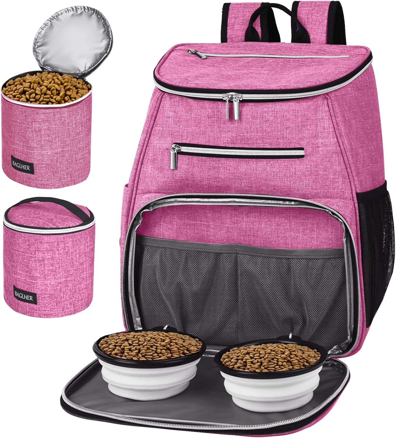 丨Dog Travel Bag Backpack, Airline Approved Pet Supplies Backpack, Dog Travel Bag with 2 Silicone Collapsible Bowls and 2 Food Baskets Pink