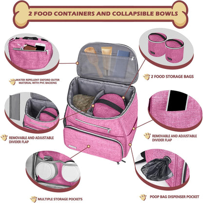 丨Dog Travel Bag Backpack, Airline Approved Pet Supplies Backpack, Dog Travel Bag with 2 Silicone Collapsible Bowls and 2 Food Baskets Pink