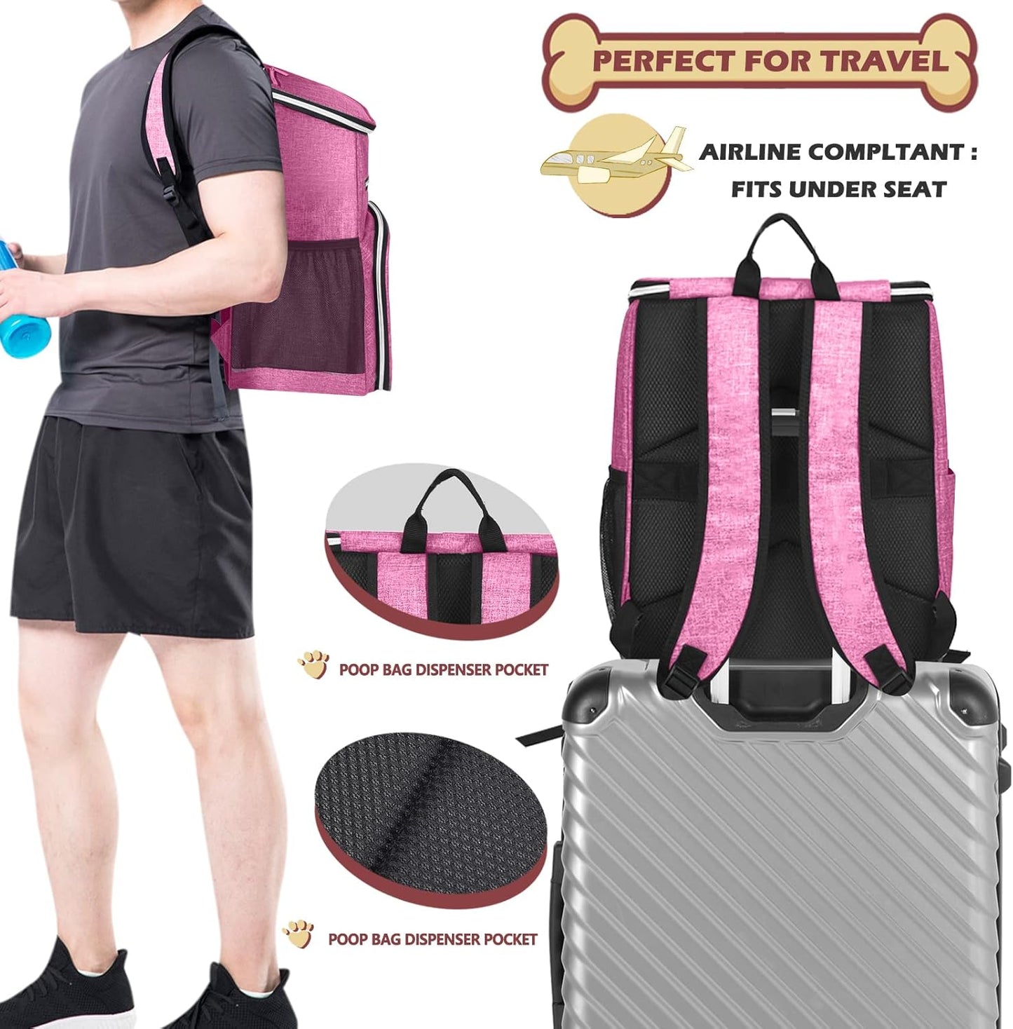 丨Dog Travel Bag Backpack, Airline Approved Pet Supplies Backpack, Dog Travel Bag with 2 Silicone Collapsible Bowls and 2 Food Baskets Pink