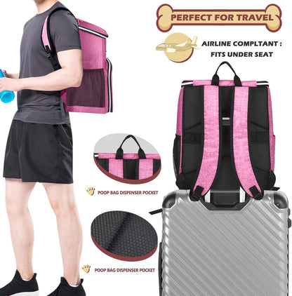 丨Dog Travel Bag Backpack, Airline Approved Pet Supplies Backpack, Dog Travel Bag with 2 Silicone Collapsible Bowls and 2 Food Baskets Pink