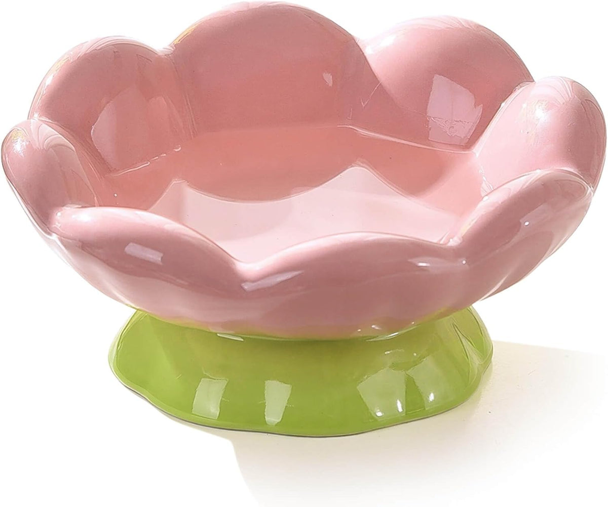 Cute Flower Ceramic Elevated Shallow Cat Bowl for Food & Water