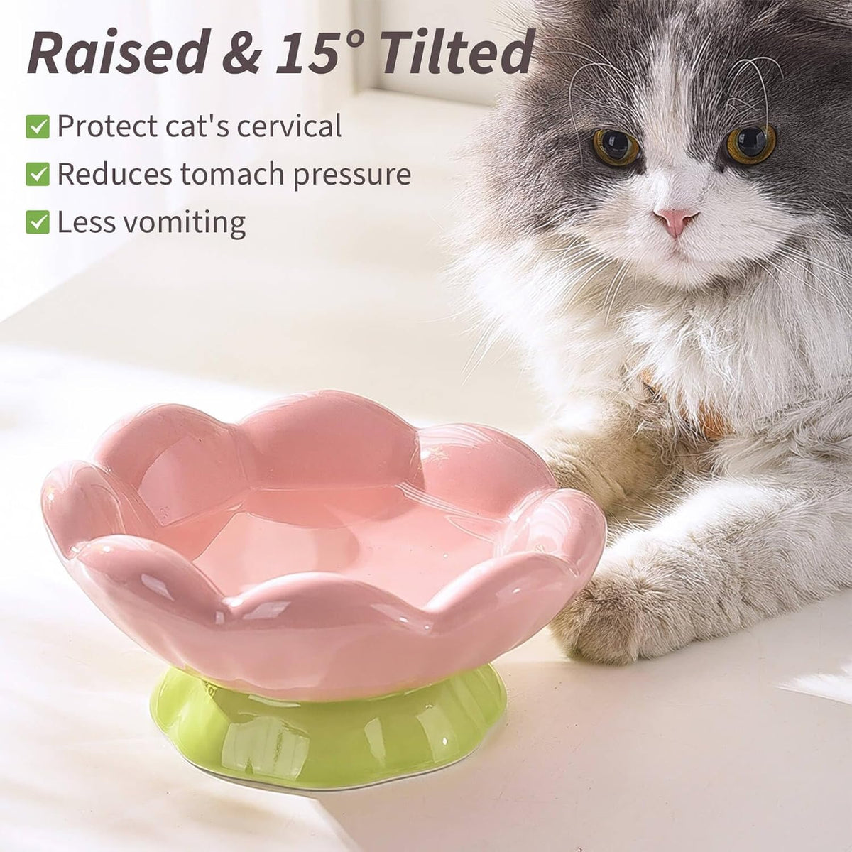 Cute Flower Ceramic Elevated Shallow Cat Bowl for Food & Water