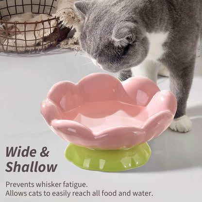 Cute Flower Ceramic Elevated Shallow Cat Bowl for Food & Water