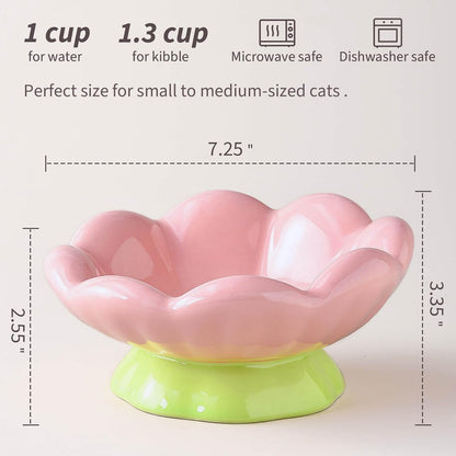 Cute Flower Ceramic Elevated Shallow Cat Bowl for Food & Water