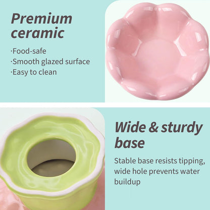 Cute Flower Ceramic Elevated Shallow Cat Bowl for Food & Water