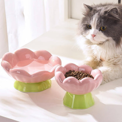 Cute Flower Ceramic Elevated Shallow Cat Bowl for Food & Water