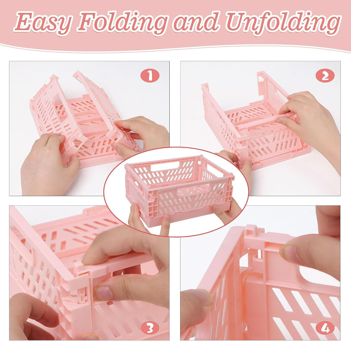 4 Pack Pink Plastic Baskets, Small Crate Storage Baskets for Organizing