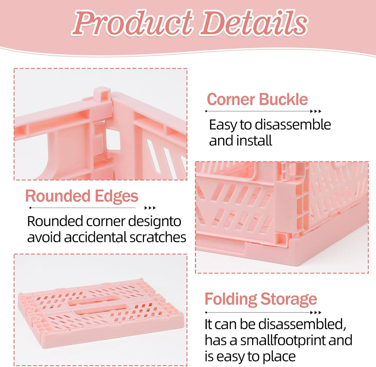 4 Pack Pink Plastic Baskets, Small Crate Storage Baskets for Organizing