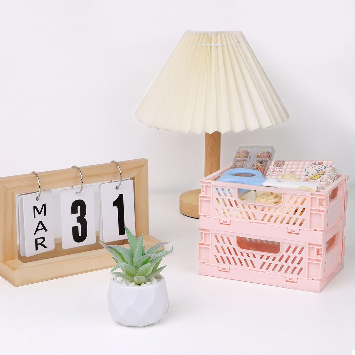 4 Pack Pink Plastic Baskets, Small Crate Storage Baskets for Organizing