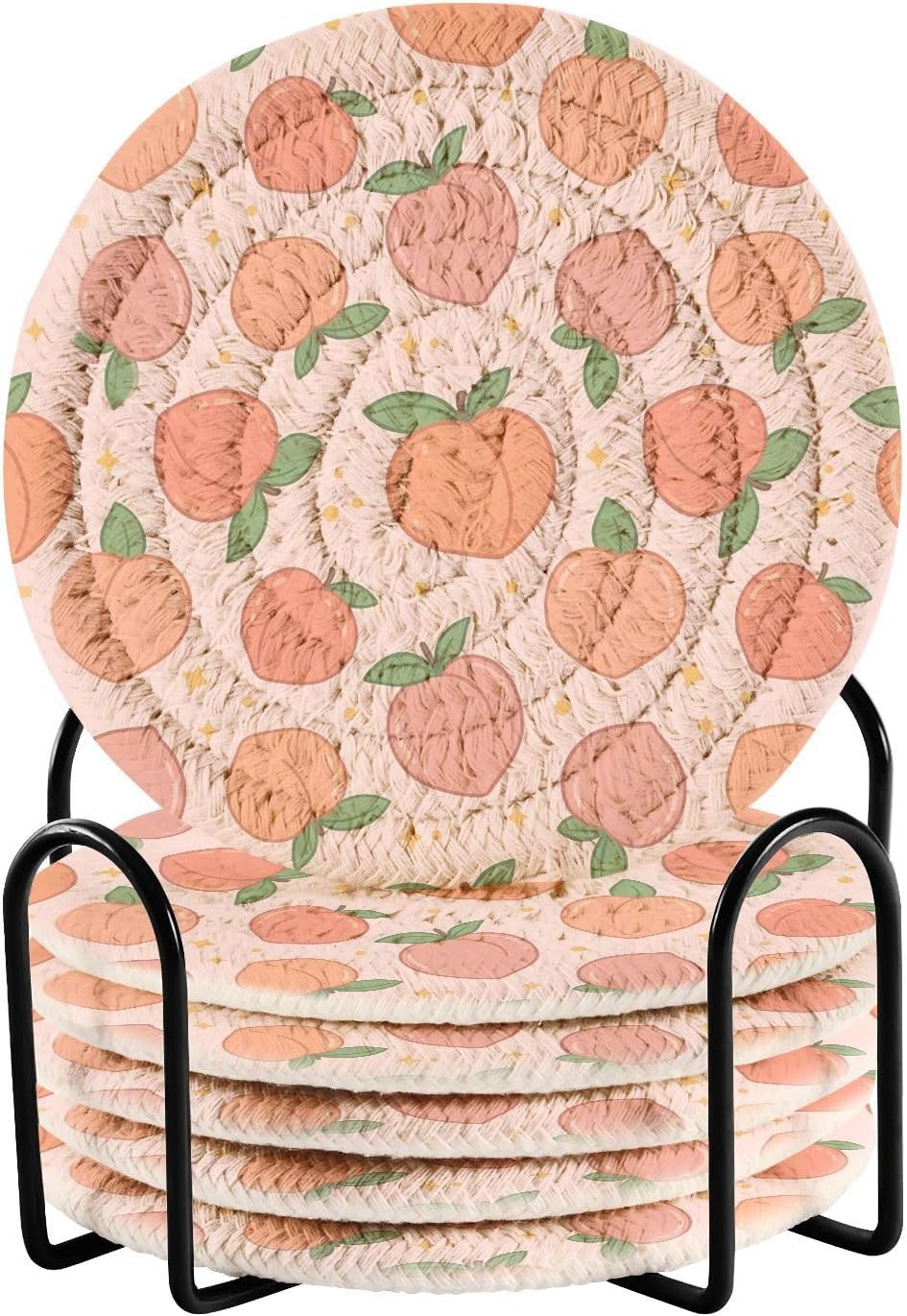 Peach Cute Coasters Set of 6 with Holder, Absorbent Woven Coasters Tabletop Protection for Kinds of Cups for Living Room Home Decor, 4 Inches