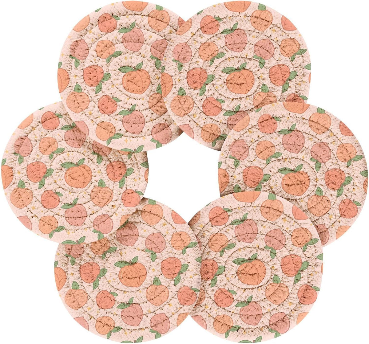 Peach Cute Coasters Set of 6 with Holder, Absorbent Woven Coasters Tabletop Protection for Kinds of Cups for Living Room Home Decor, 4 Inches