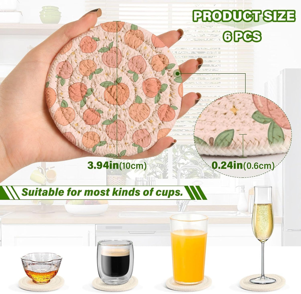 Peach Cute Coasters Set of 6 with Holder, Absorbent Woven Coasters Tabletop Protection for Kinds of Cups for Living Room Home Decor, 4 Inches