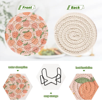 Peach Cute Coasters Set of 6 with Holder, Absorbent Woven Coasters Tabletop Protection for Kinds of Cups for Living Room Home Decor, 4 Inches