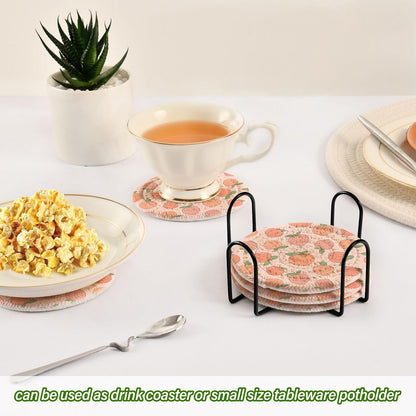 Peach Cute Coasters Set of 6 with Holder, Absorbent Woven Coasters Tabletop Protection for Kinds of Cups for Living Room Home Decor, 4 Inches