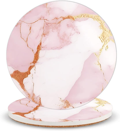 Marble Pink Ceramic Coasters of 2 with Cork Backing Absorbent Cup Coaster