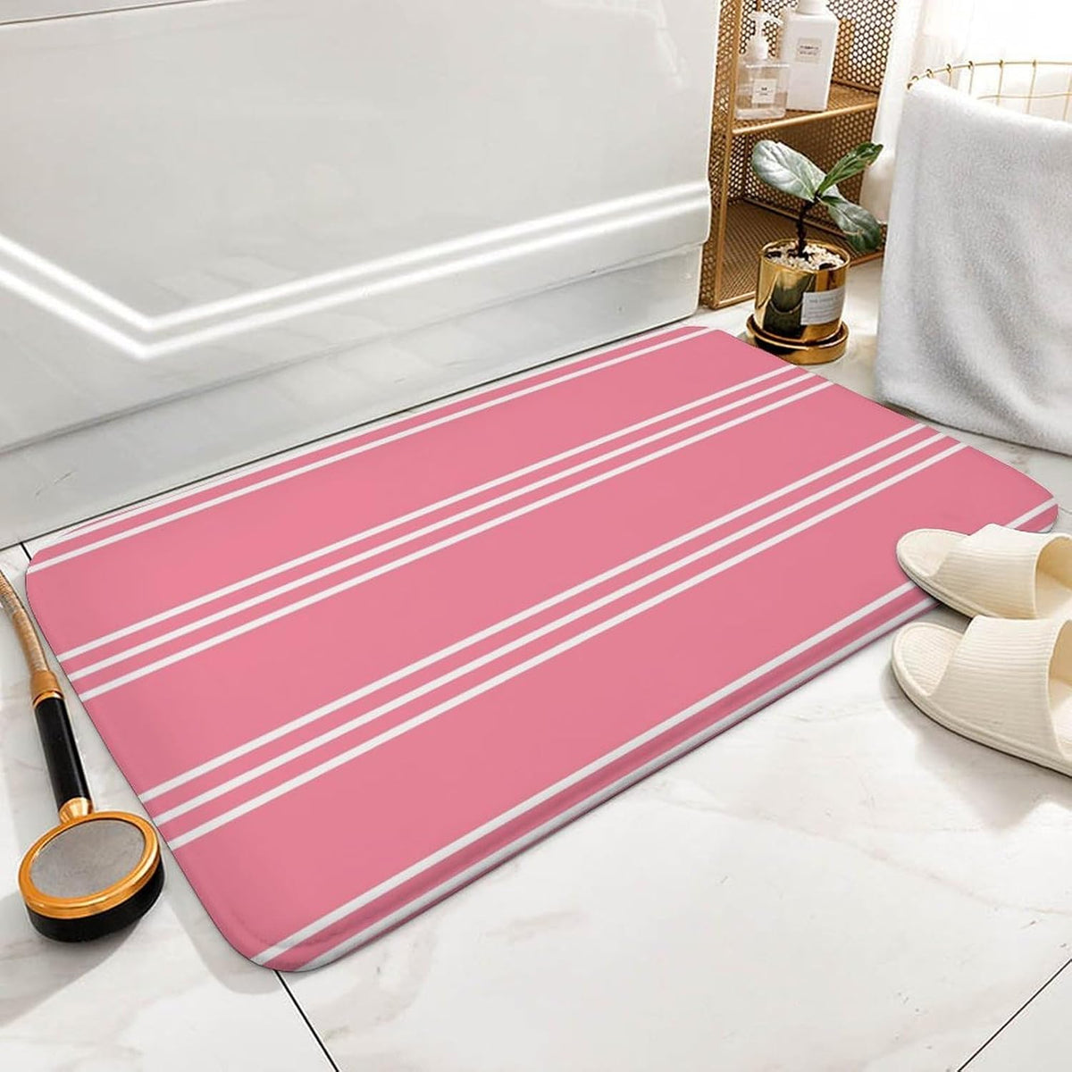 Pink Stripes Bathroom Rugs, Non Slip & Absorbent Bath Mat Carpets for Bathroom, Entryway or Sink 16" x 24"
