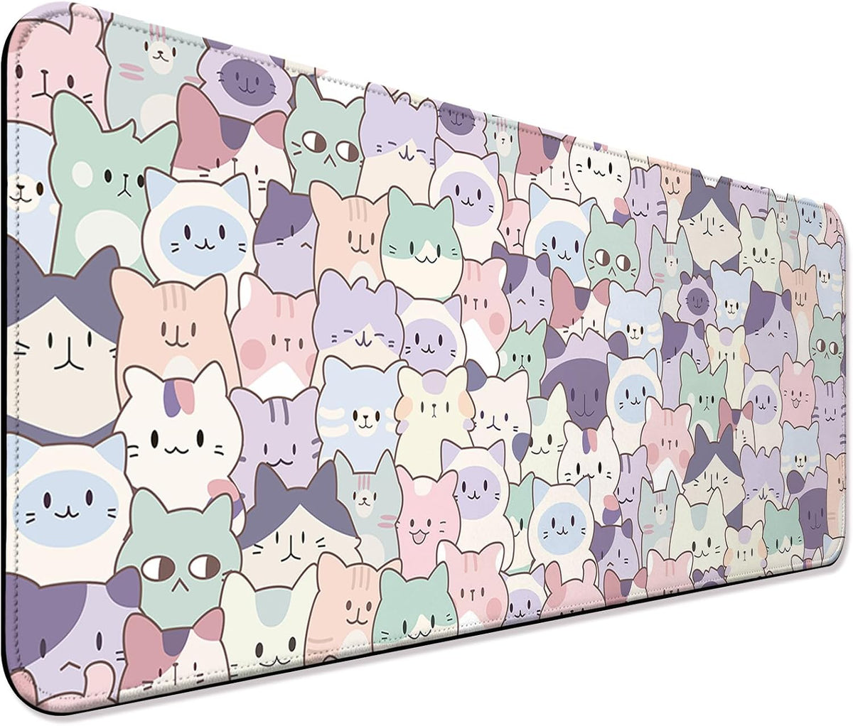 Cute Cat Gaming Desk Mat, Kawaii Pastel Extended Mouse Pad, Pink