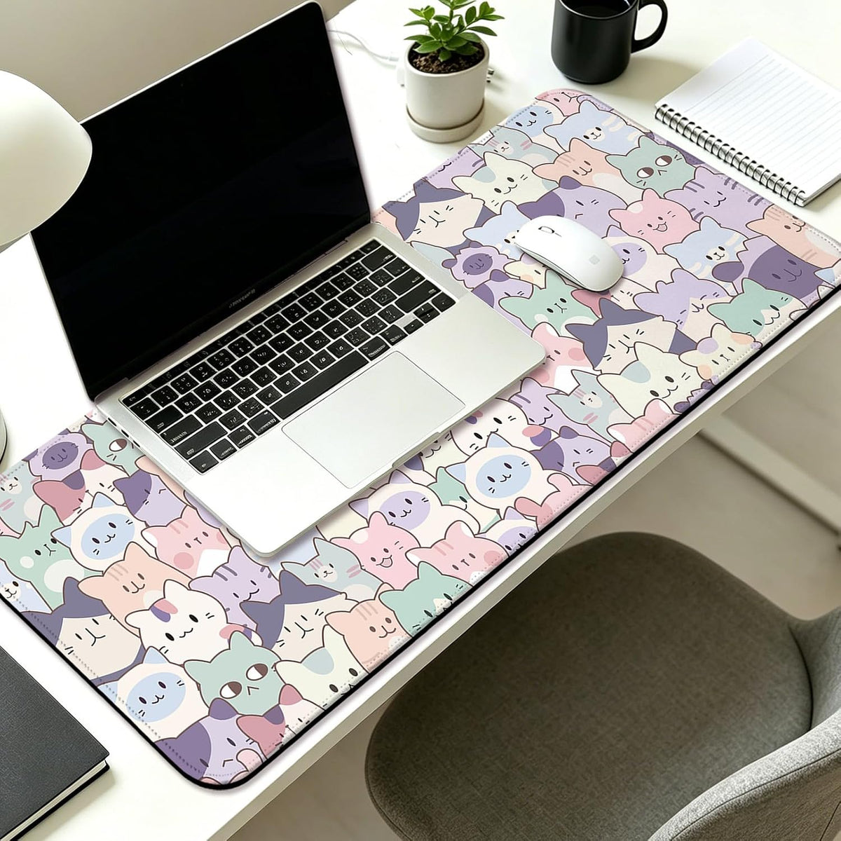 Cute Cat Gaming Desk Mat, Kawaii Pastel Extended Mouse Pad, Pink