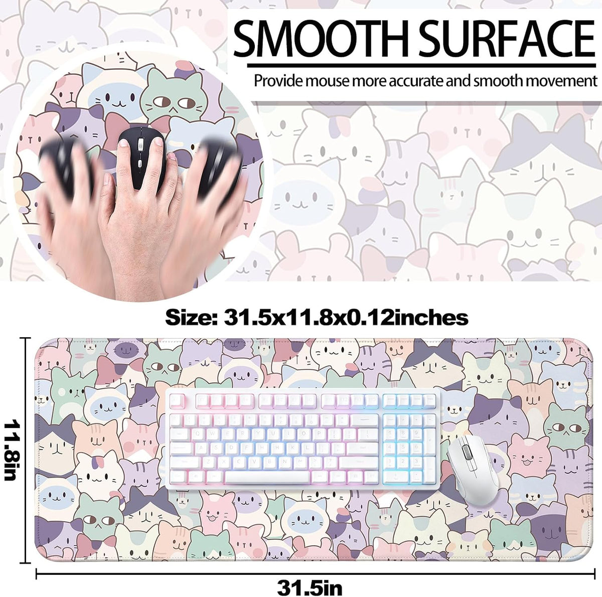 Cute Cat Gaming Desk Mat, Kawaii Pastel Extended Mouse Pad, Pink