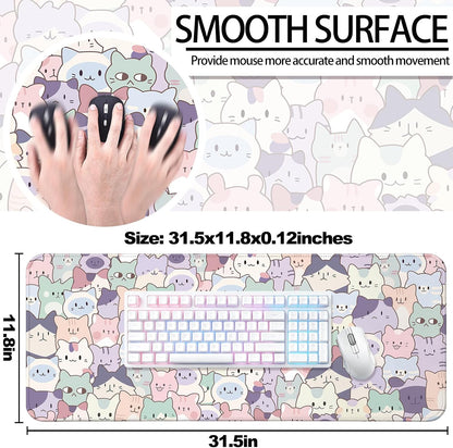 Cute Cat Gaming Desk Mat, Kawaii Pastel Extended Mouse Pad, Pink