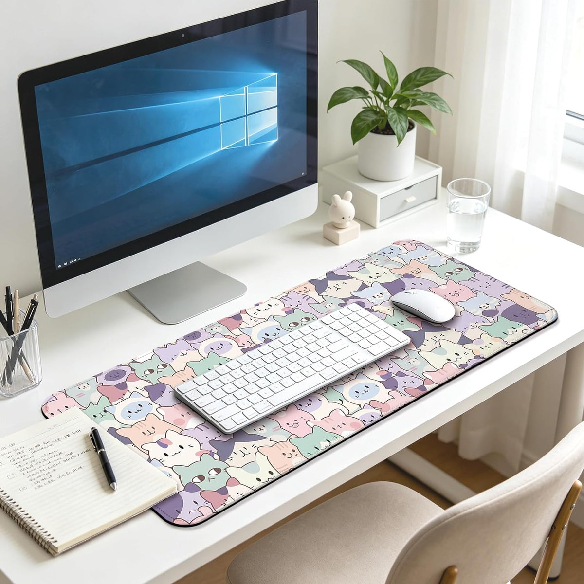 Cute Cat Gaming Desk Mat, Kawaii Pastel Extended Mouse Pad, Pink