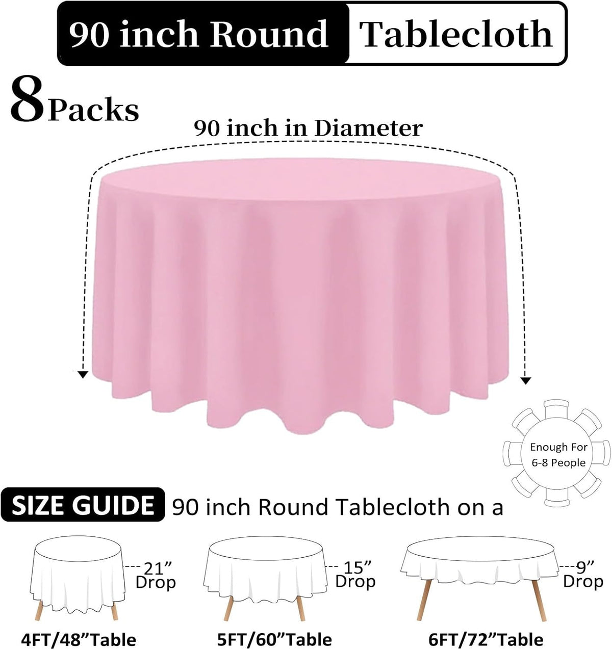 8 Packs 90 Inch Pink Round Tablecloth