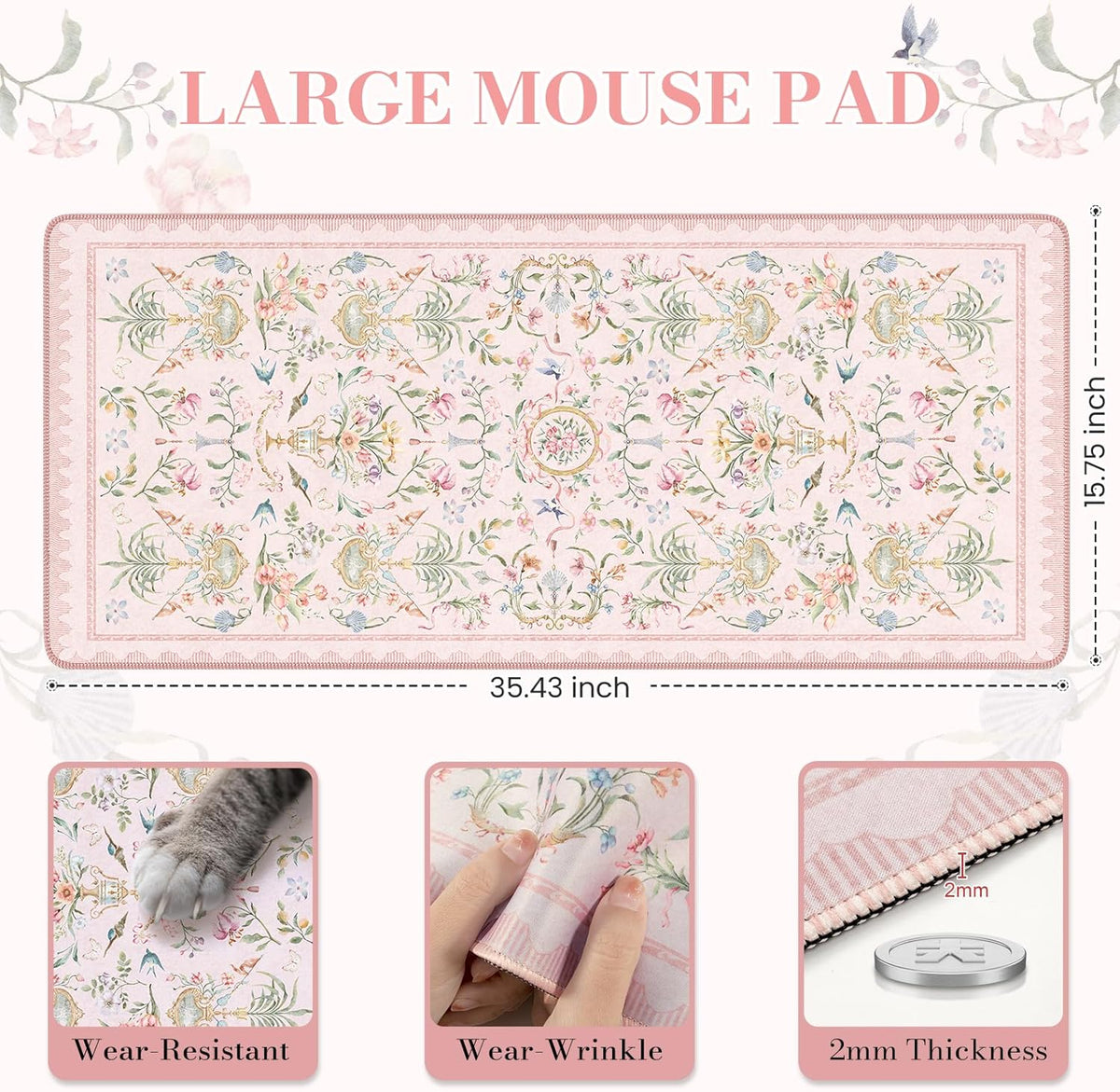 Pink Desk Cover Mat, Big Mouse Pad for Laptop,Floral