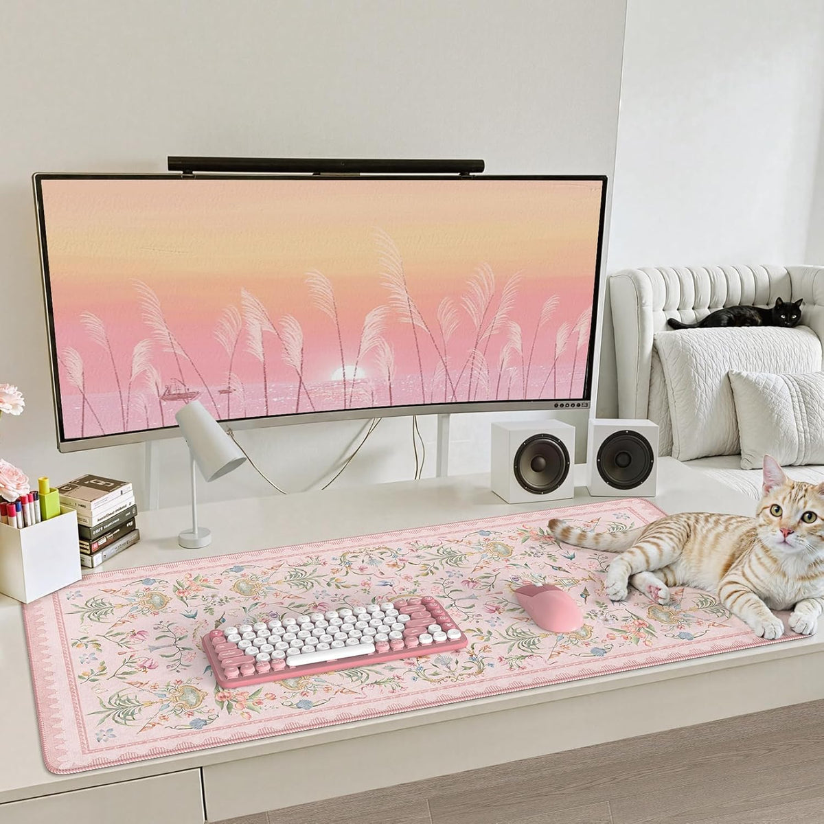 Pink Desk Cover Mat, Big Mouse Pad for Laptop,Floral