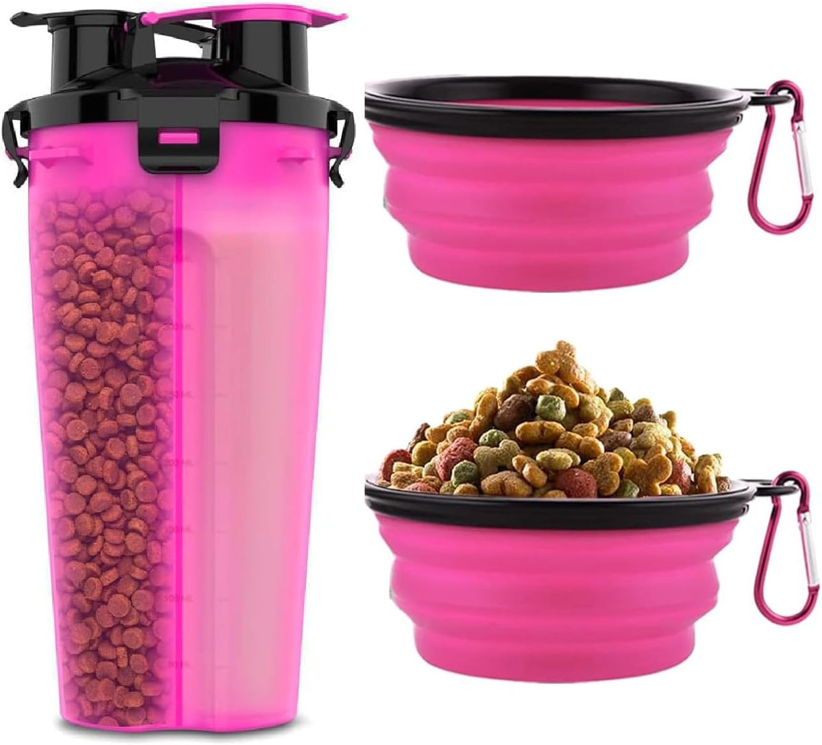 Dog Travel Water Bottle W/Collapsible Bowls - Portable 2 in 1 Leakproof Pet Water Bottle Food Container Ideal for Travel, Outdoor Portable Water Bowls for Walking, Camping & Hiking - (Pink)