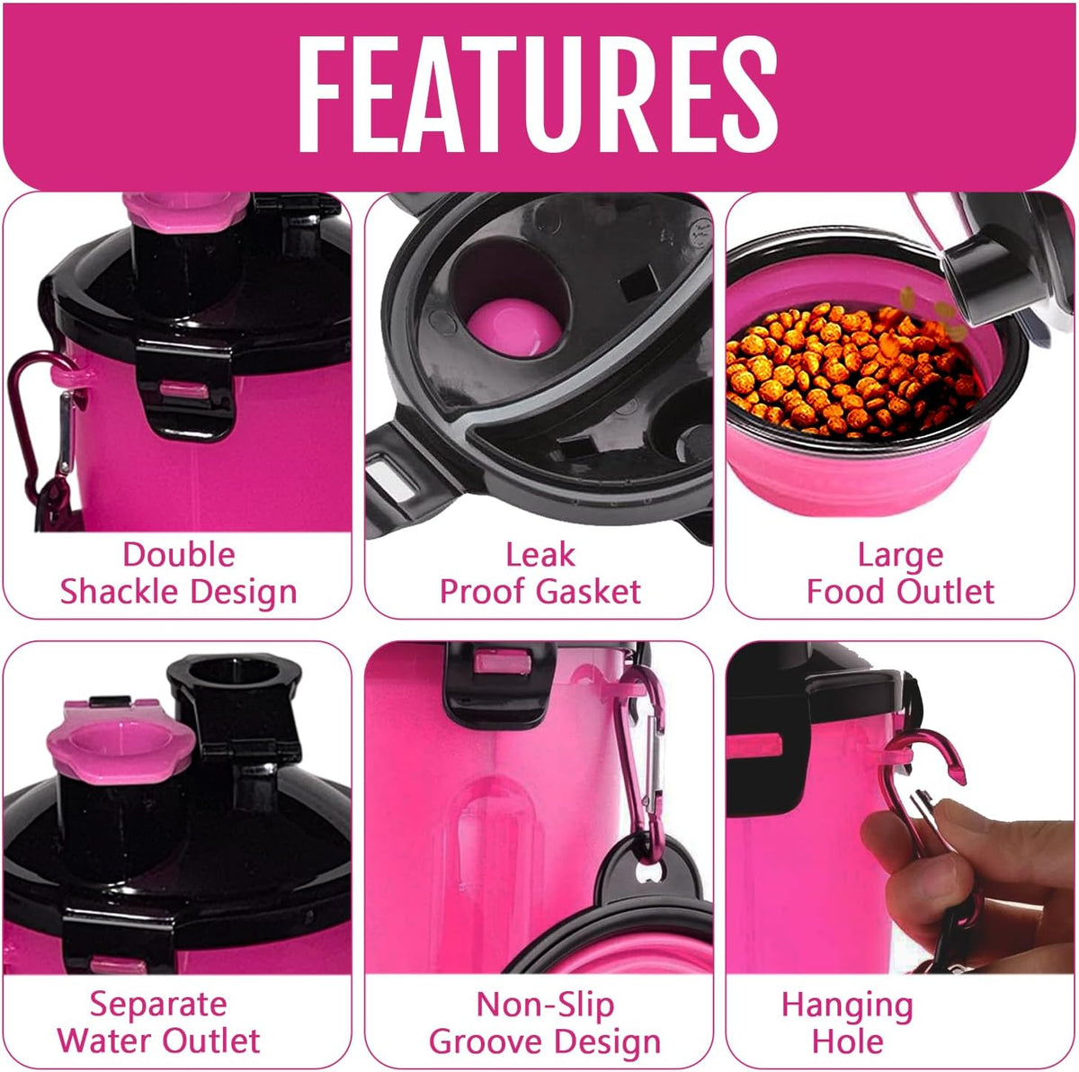 Dog Travel Water Bottle W/Collapsible Bowls - Portable 2 in 1 Leakproof Pet Water Bottle Food Container Ideal for Travel, Outdoor Portable Water Bowls for Walking, Camping & Hiking - (Pink)