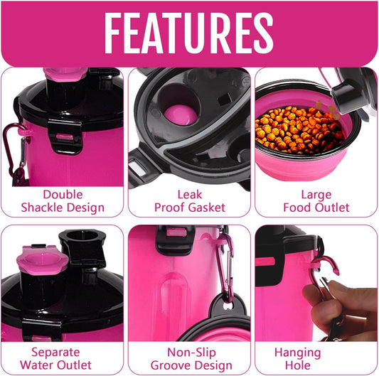 Dog Travel Water Bottle W/Collapsible Bowls - Portable 2 in 1 Leakproof Pet Water Bottle Food Container Ideal for Travel, Outdoor Portable Water Bowls for Walking, Camping & Hiking - (Pink)