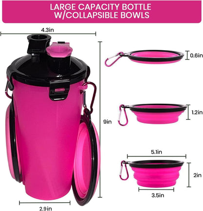 Dog Travel Water Bottle W/Collapsible Bowls - Portable 2 in 1 Leakproof Pet Water Bottle Food Container Ideal for Travel, Outdoor Portable Water Bowls for Walking, Camping & Hiking - (Pink)