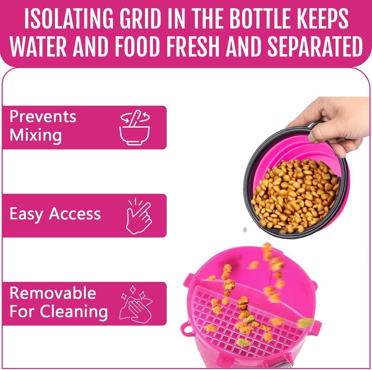 Dog Travel Water Bottle W/Collapsible Bowls - Portable 2 in 1 Leakproof Pet Water Bottle Food Container Ideal for Travel, Outdoor Portable Water Bowls for Walking, Camping & Hiking - (Pink)